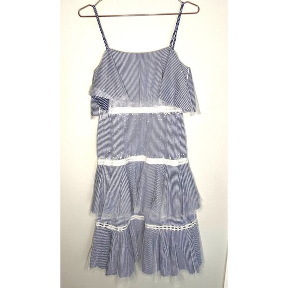 Prabal Gurung Halter Tulle Tiered Midi Maxi Dress Striped Blue Lace Overlay Sz 4 - Picture 5 of 15